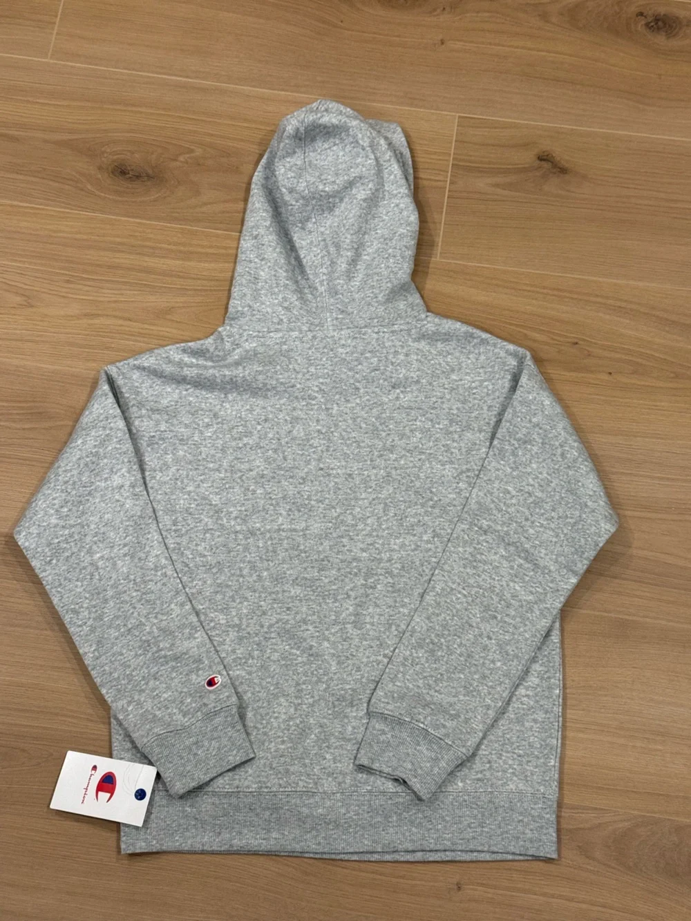 Champion Heather Gray Kids Hoodie with Navy Logo and Red '19 Patch